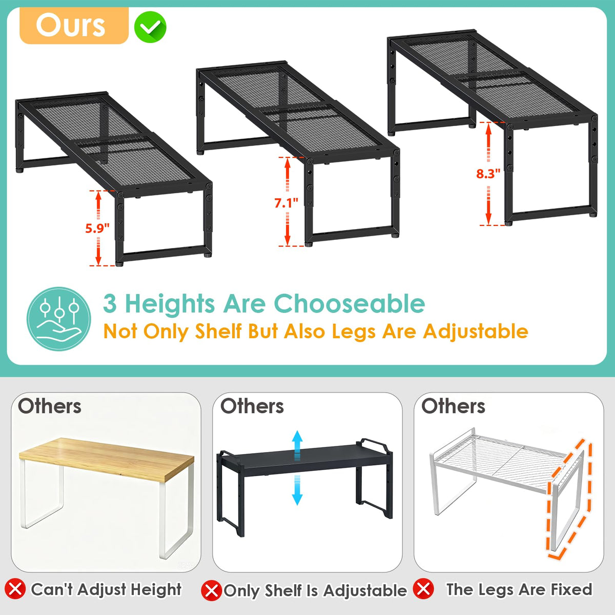2 Pack Expandable Kitchen Cabinet Shelf Organizer, 15.5"-25.5" Long Adjustable Storage Shelves Organizers for Kitchen Countertop Pantry Cupboard Table Desk Counter, Stackable, 30LBS Load Capacity