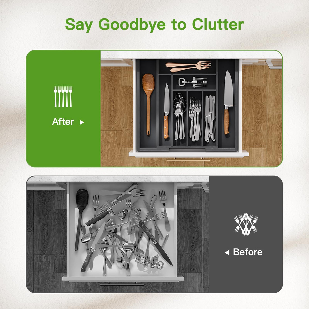Pipishell Bamboo Silverware Organizer, Expandable Cutlery Tray