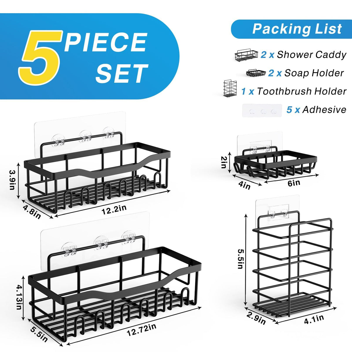 5-Pack Rustproof Stainless Steel Adhesive Shower Caddies