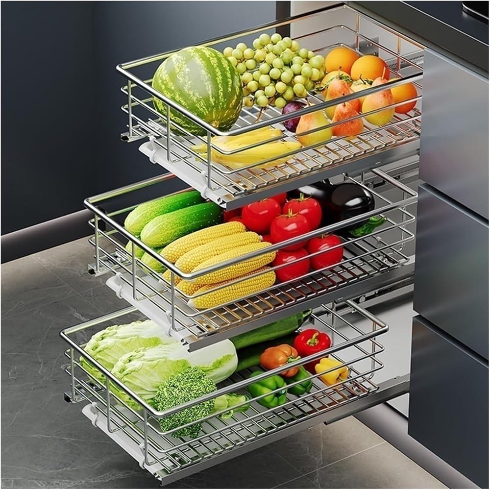 Set of 3 Stainless Steel Pull-Out Cabinet Organizers, Kitchen Storage Baskets, Sliding Pantry Bins for Fruits & Vegetables (15.4" L x 20.5" W)