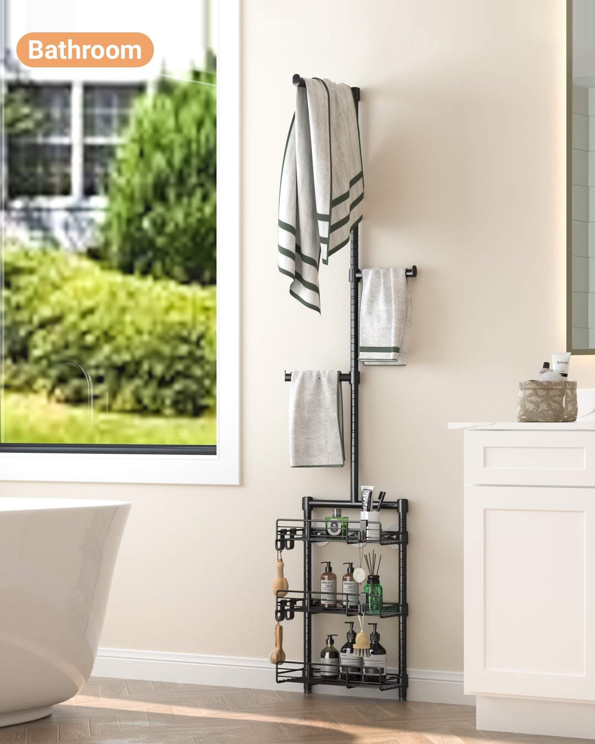 Over-Washer Laundry Shelf with Hanging Rod & Basket