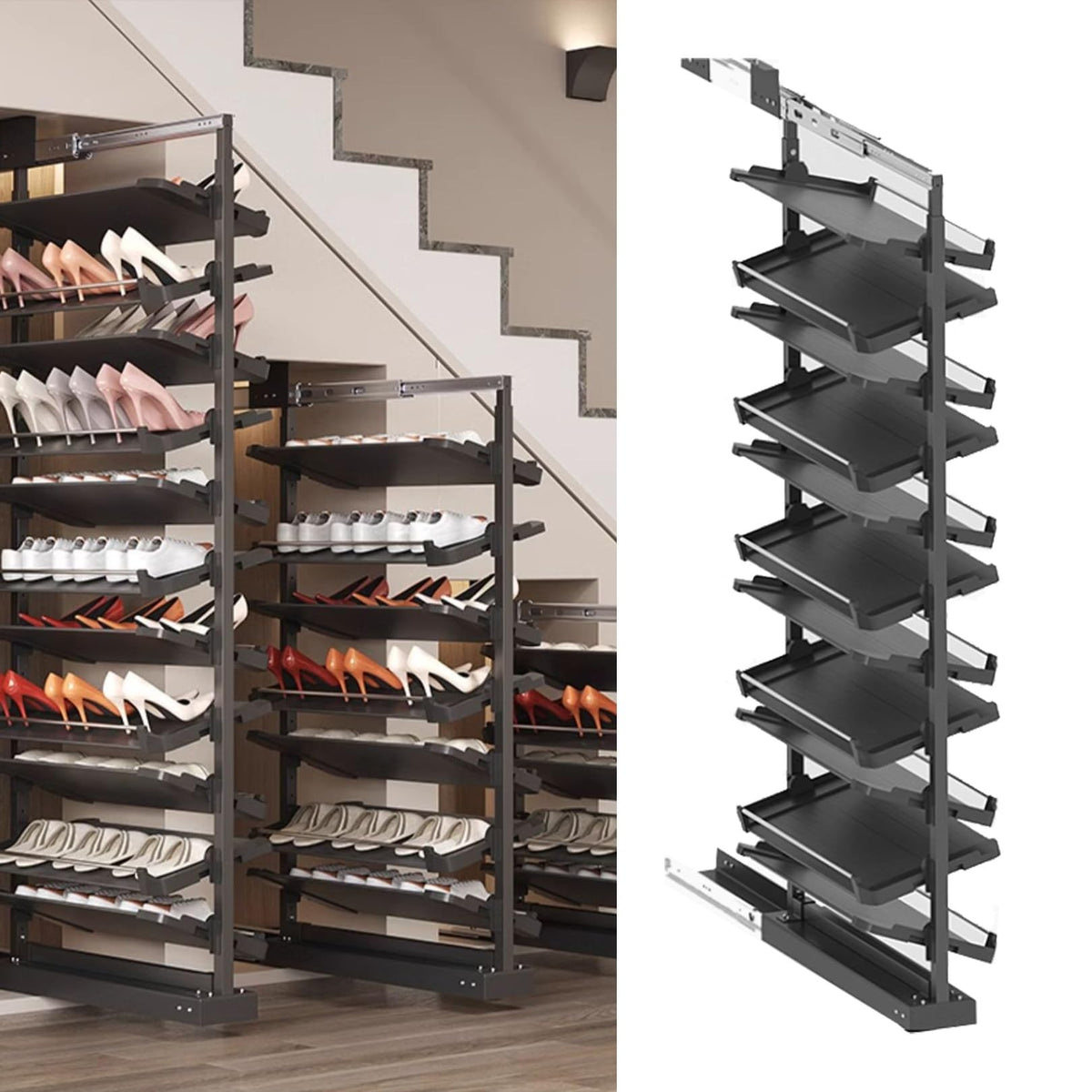 Adjustable Pull-Out Shoe Rack Organizer for Closet – Retractable Metal Stackable Storage Solution, Vertical Shelf Organizer for Small Bedrooms, Space-Saving Design