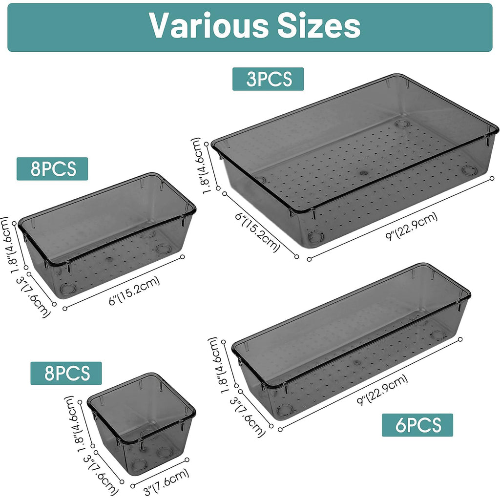 25-Piece Clear Plastic Drawer Organizer Tray Set
