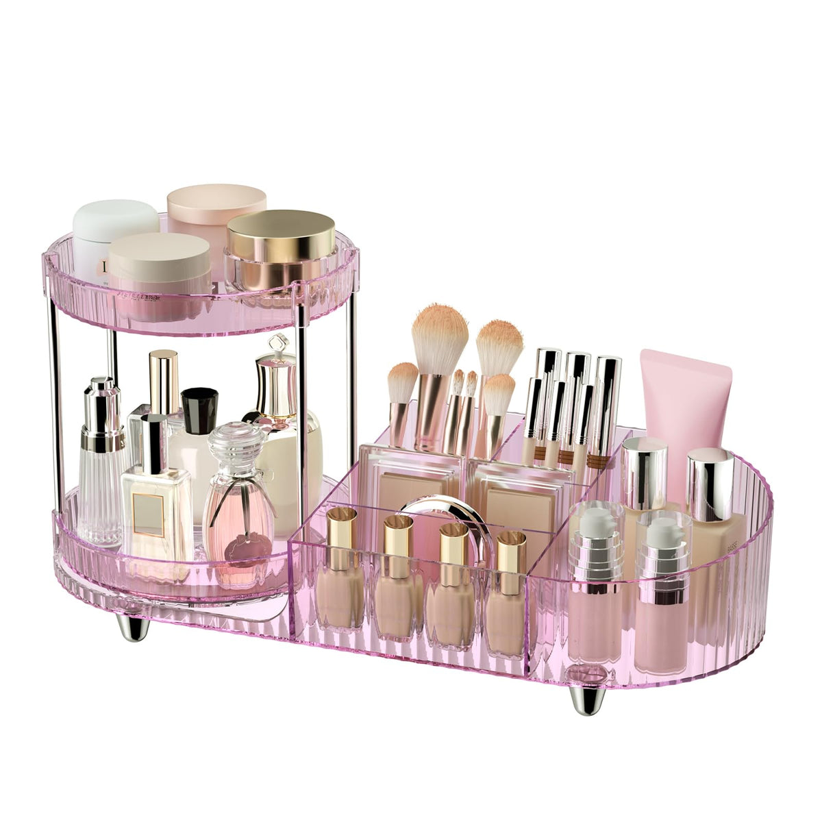 Rotating Vanity Makeup Organizer with Tiered Trays