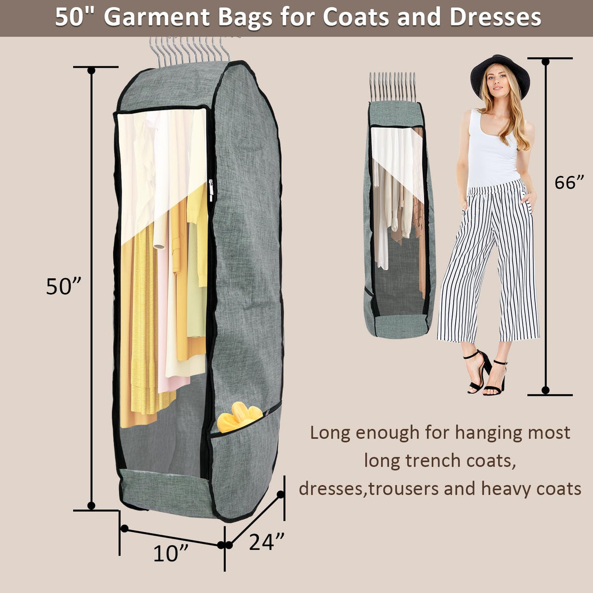 Garment Bags for Hanging Clothes,Chakera Large Breathable Garment Bag for Closet Storage with 10”Gusseted,Clear Clothing Storage Garment Cover for Dress Sweater with Double Zipper,Grey