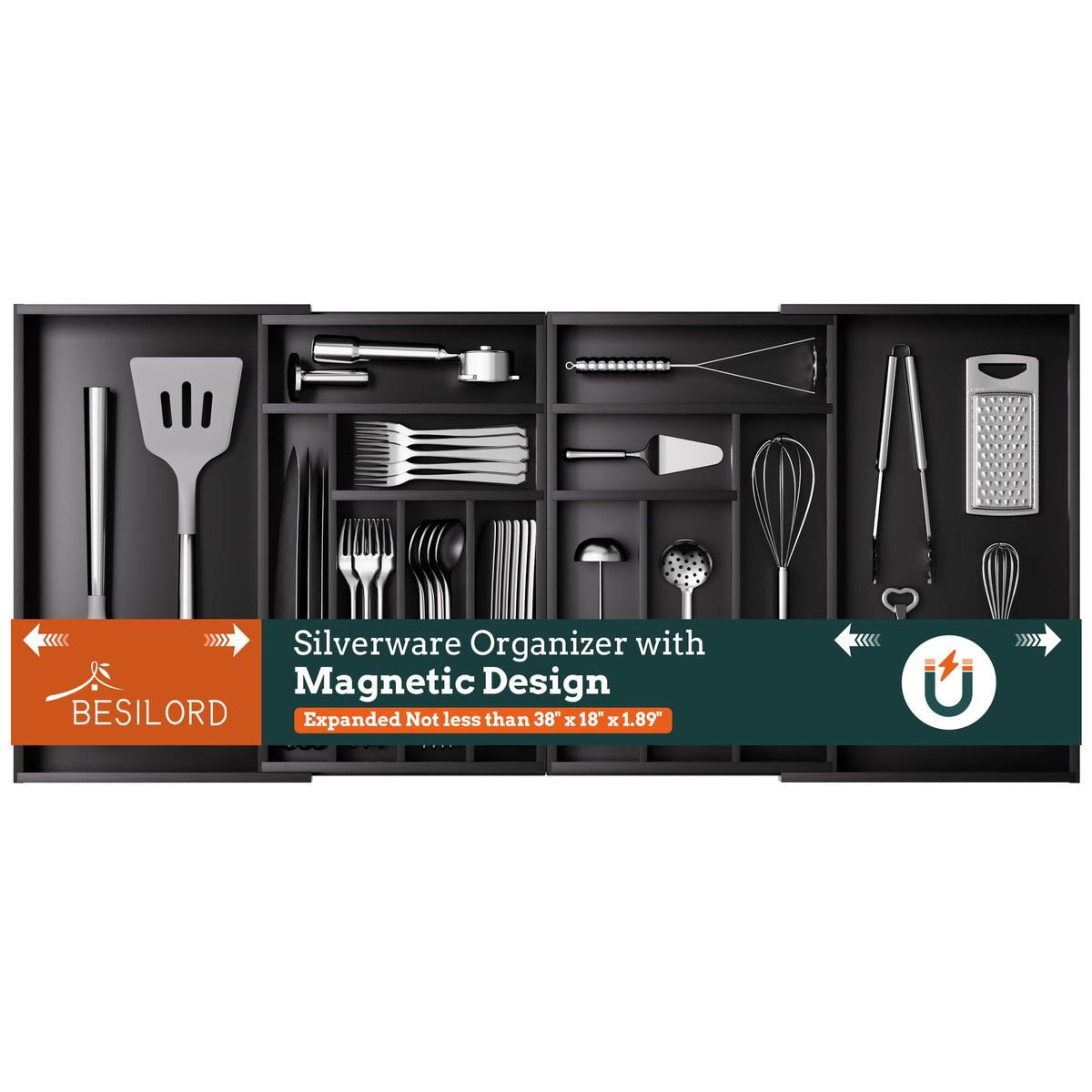 Silverware Organizer Large, Expandable 7 Slots Silverware Drawer Organizer Adjustable Flatware and Cutlery Holder, Bamboo Utensil Tray for Kitchen