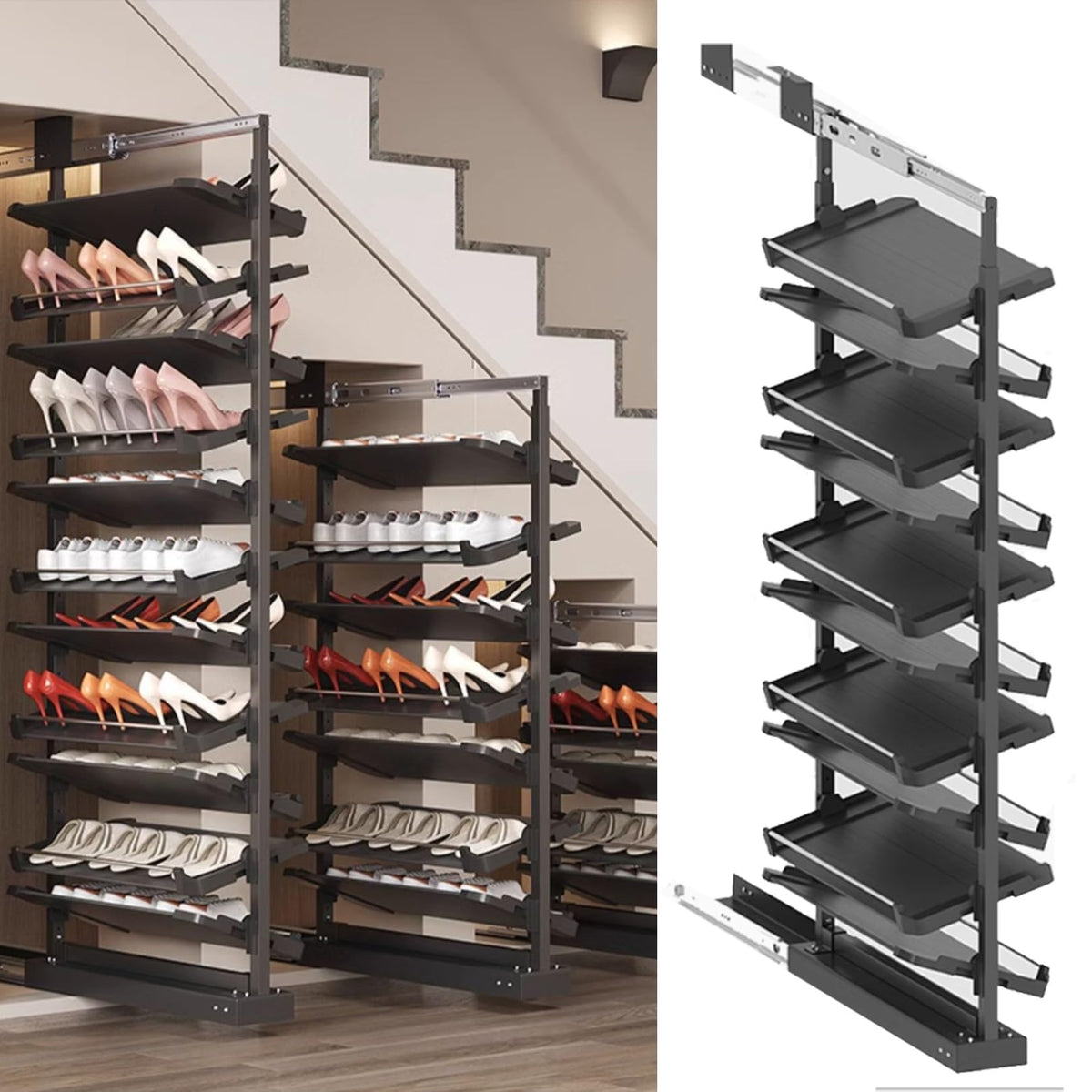 Adjustable Pull-Out Shoe Rack Organizer for Closet – Retractable Metal Stackable Storage Solution, Vertical Shelf Organizer for Small Bedrooms, Space-Saving Design