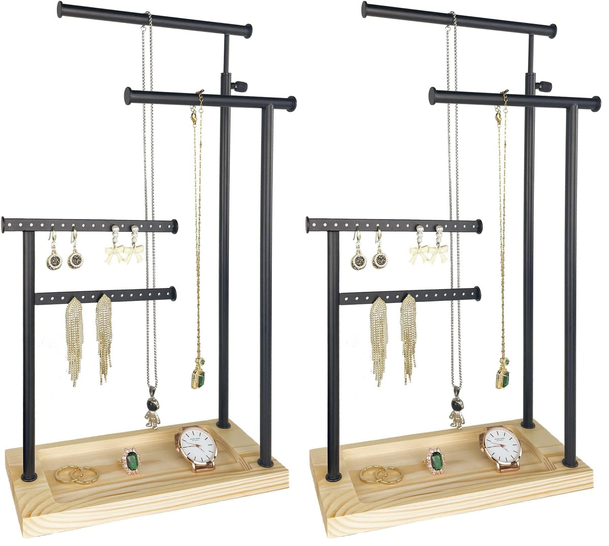 Jewelry Organizer Stand, Jewelry Holder, Lengnoy 4 Tier Earring Holder with 48 Holes and 6 Hooks Necklace Organizer Wood Box for Necklace Bracelet Earring Ring, White
