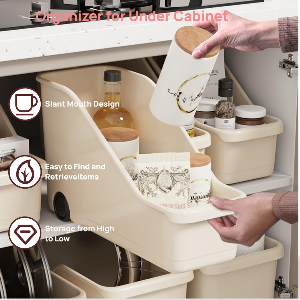 Multi-Use Pull-Out Cabinet Bin with Rolling Wheels Under Sink Storage Basket for Kitchen & Bathroom Perfect for Pantry & High Cabinets (Small Size)