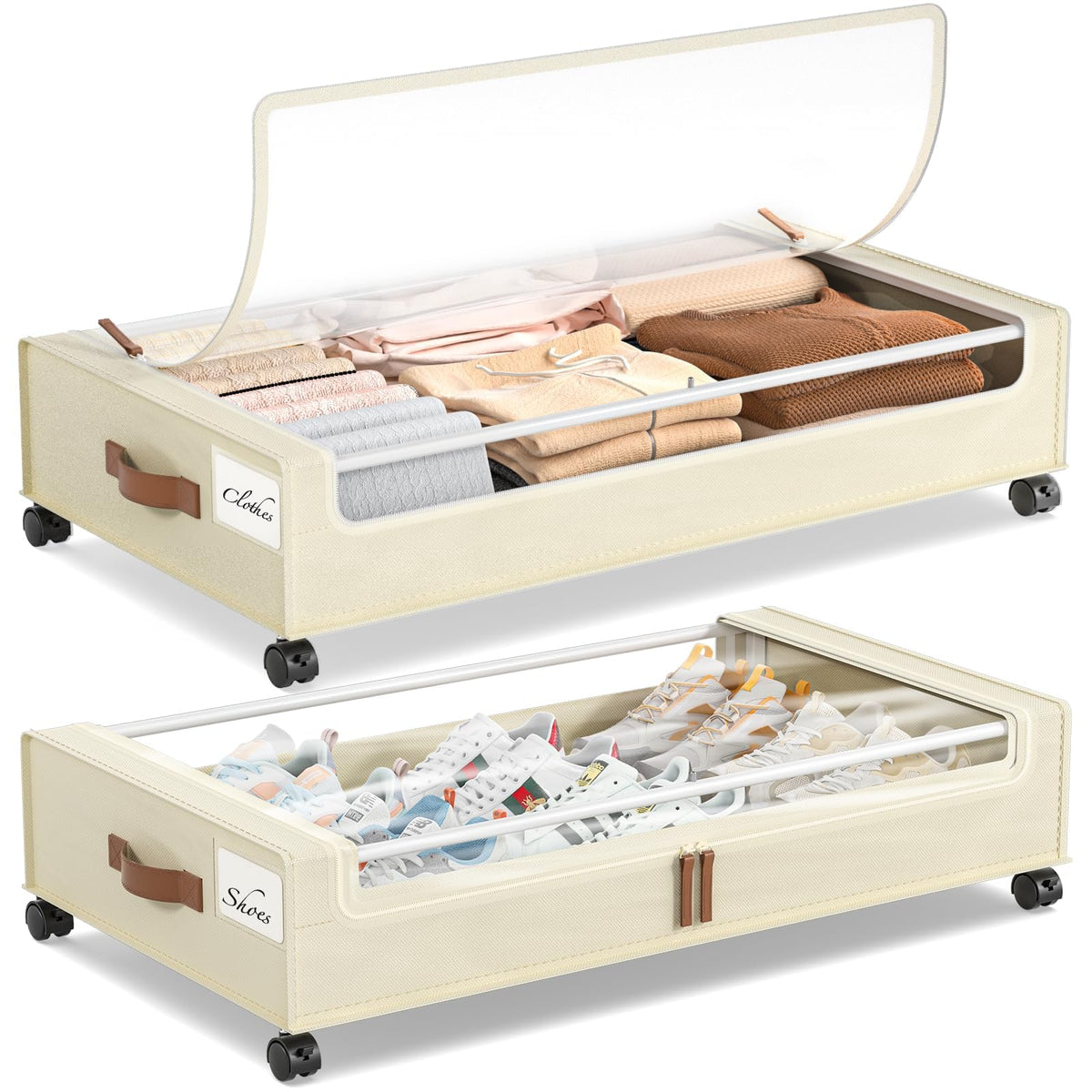 Yecaye Under Bed Storage with Wheels, Large Capacity Under Bed Storage Containers with Metal Frame & Clear Lid, Rolling Underbed Organizer Bins Drawers for Clothes, Shoes, Blankets