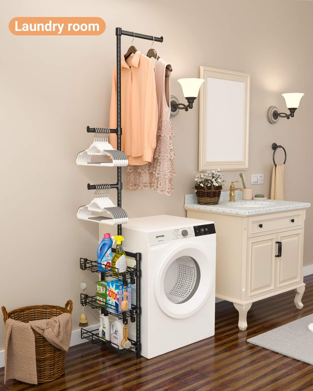 Over-Washer Laundry Shelf with Hanging Rod & Basket