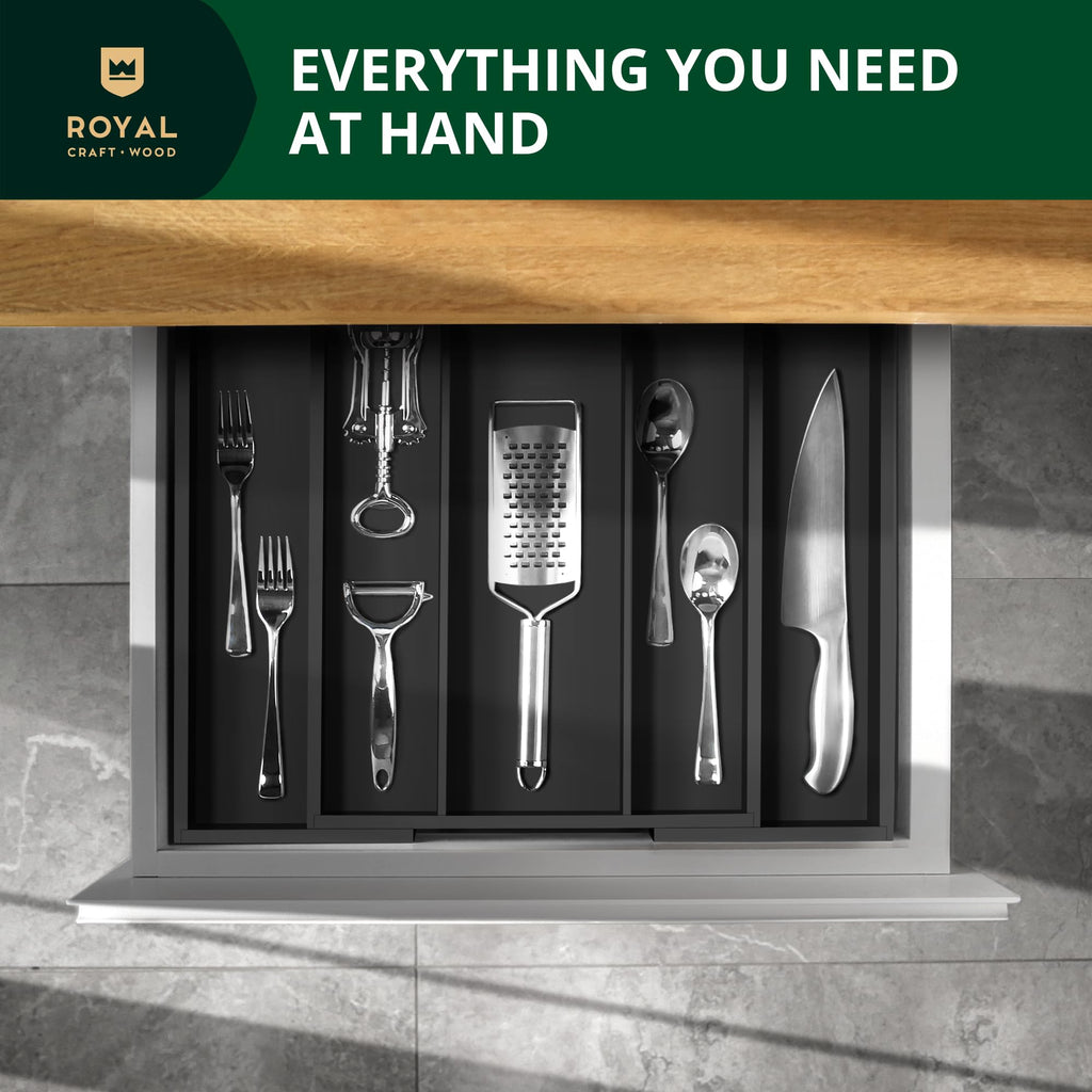 ROYAL CRAFT WOOD Luxury Bamboo Kitchen Drawer Organizer - Silverware Organizer - Utensil Holder and Cutlery Tray with Grooved Drawer Dividers for Flatware and Kitchen Utensils