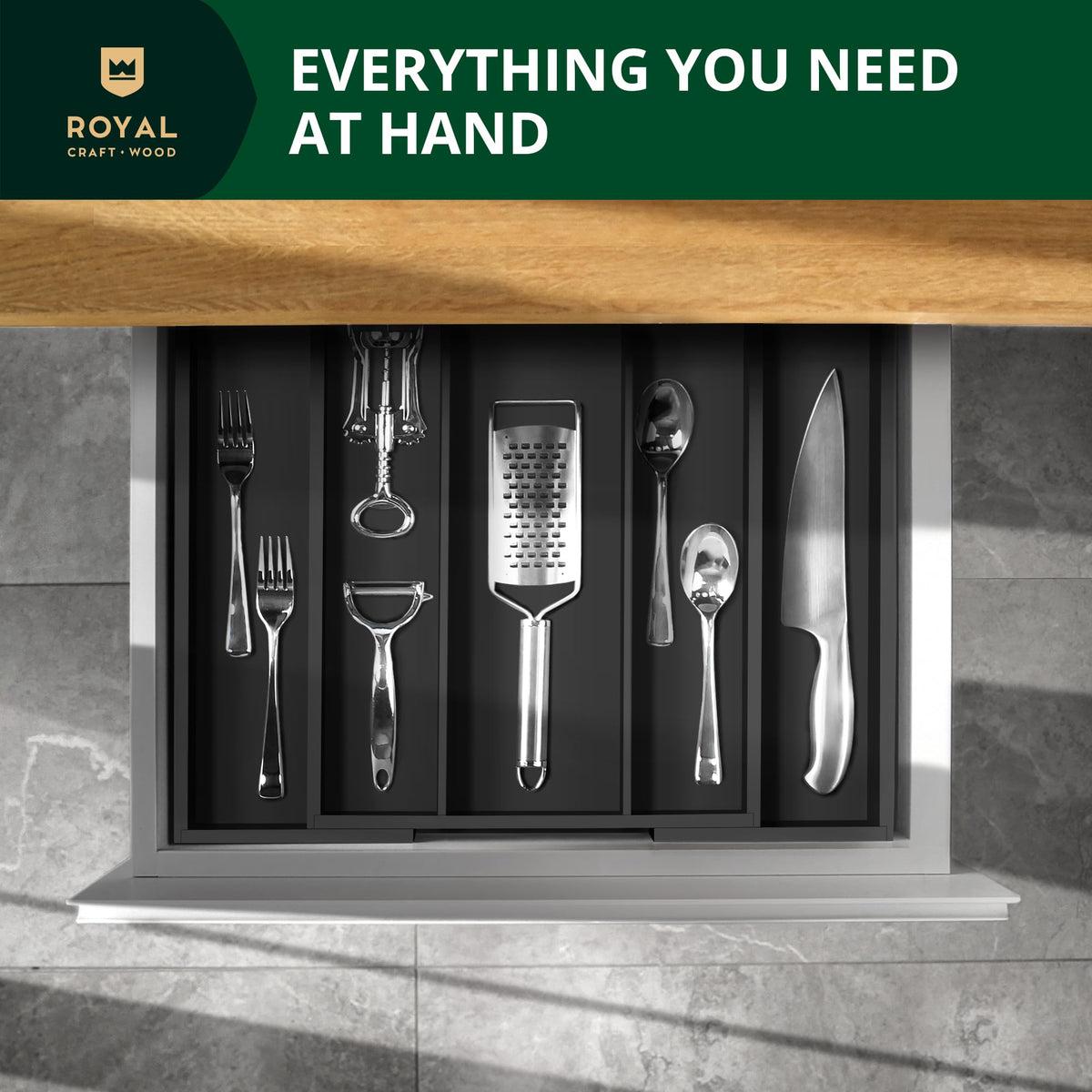 ROYAL CRAFT WOOD Luxury Bamboo Kitchen Drawer Organizer - Silverware Organizer - Utensil Holder and Cutlery Tray with Grooved Drawer Dividers for Flatware and Kitchen Utensils