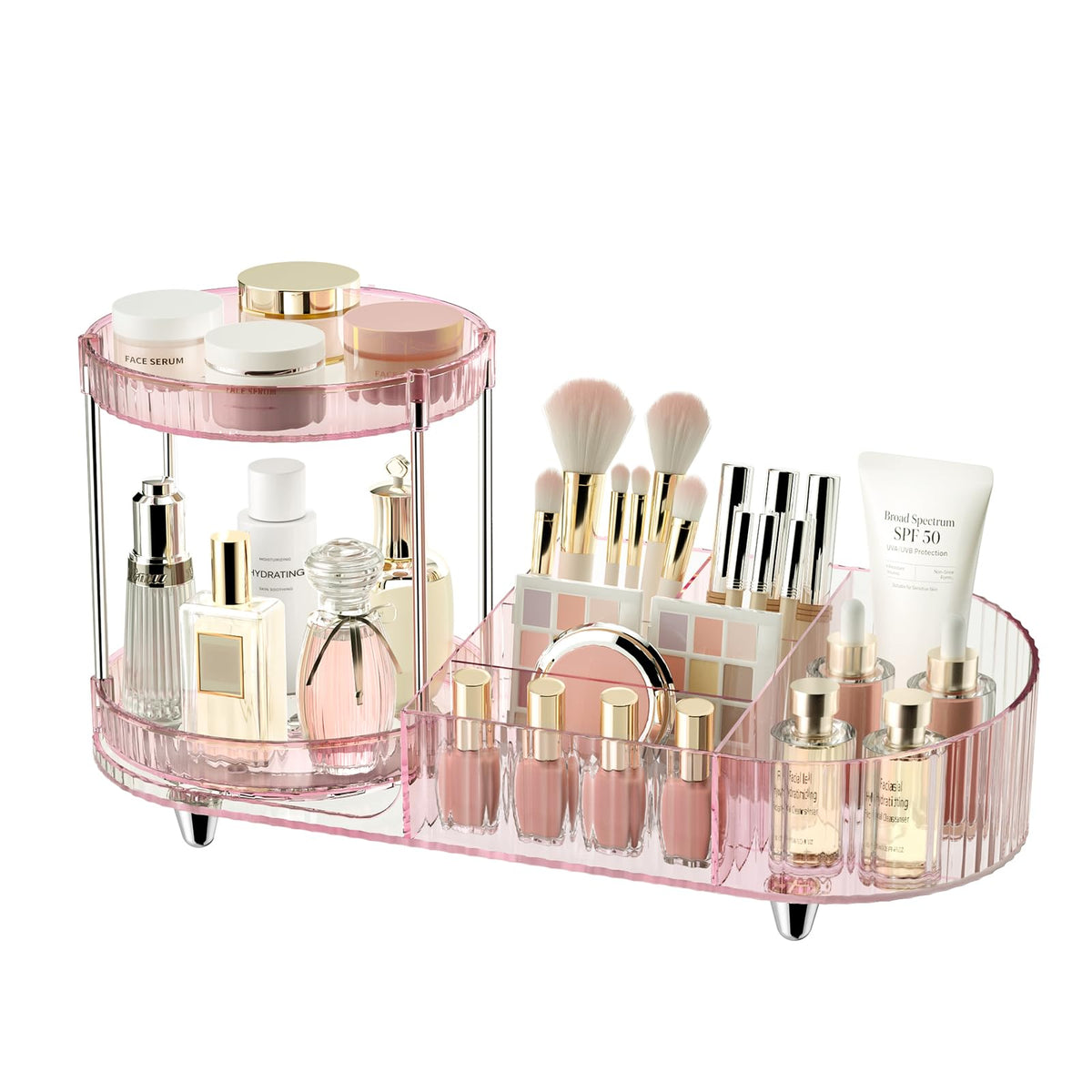Rotating Vanity Makeup Organizer with Tiered Trays