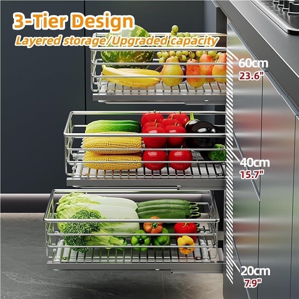 Set of 3 Stainless Steel Pull-Out Cabinet Organizers, Kitchen Storage Baskets, Sliding Pantry Bins for Fruits & Vegetables (15.4" L x 20.5" W)