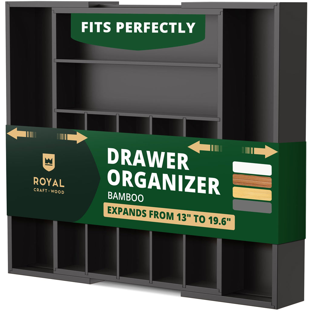 ROYAL CRAFT WOOD Luxury Bamboo Kitchen Drawer Organizer - Silverware Organizer - Utensil Holder and Cutlery Tray with Grooved Drawer Dividers for Flatware and Kitchen Utensils