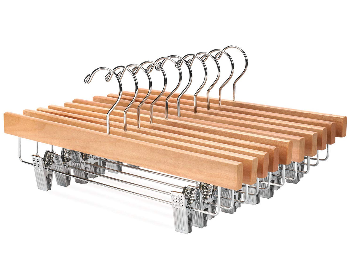 10-Pack Solid Wood Pants & Skirt Hangers with Clips