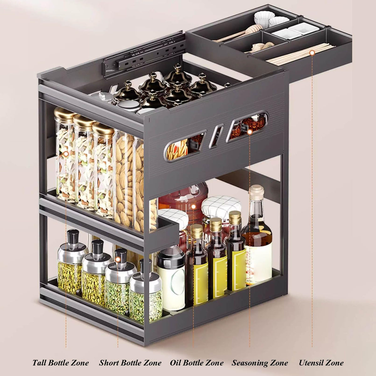 XBTGS 3 Tier Black Pull Out Cabinet Orga with Dividers - MultiUse Slide Out Storage Container for Kitchen, Pantry, Cupboard Bins, Ba，，