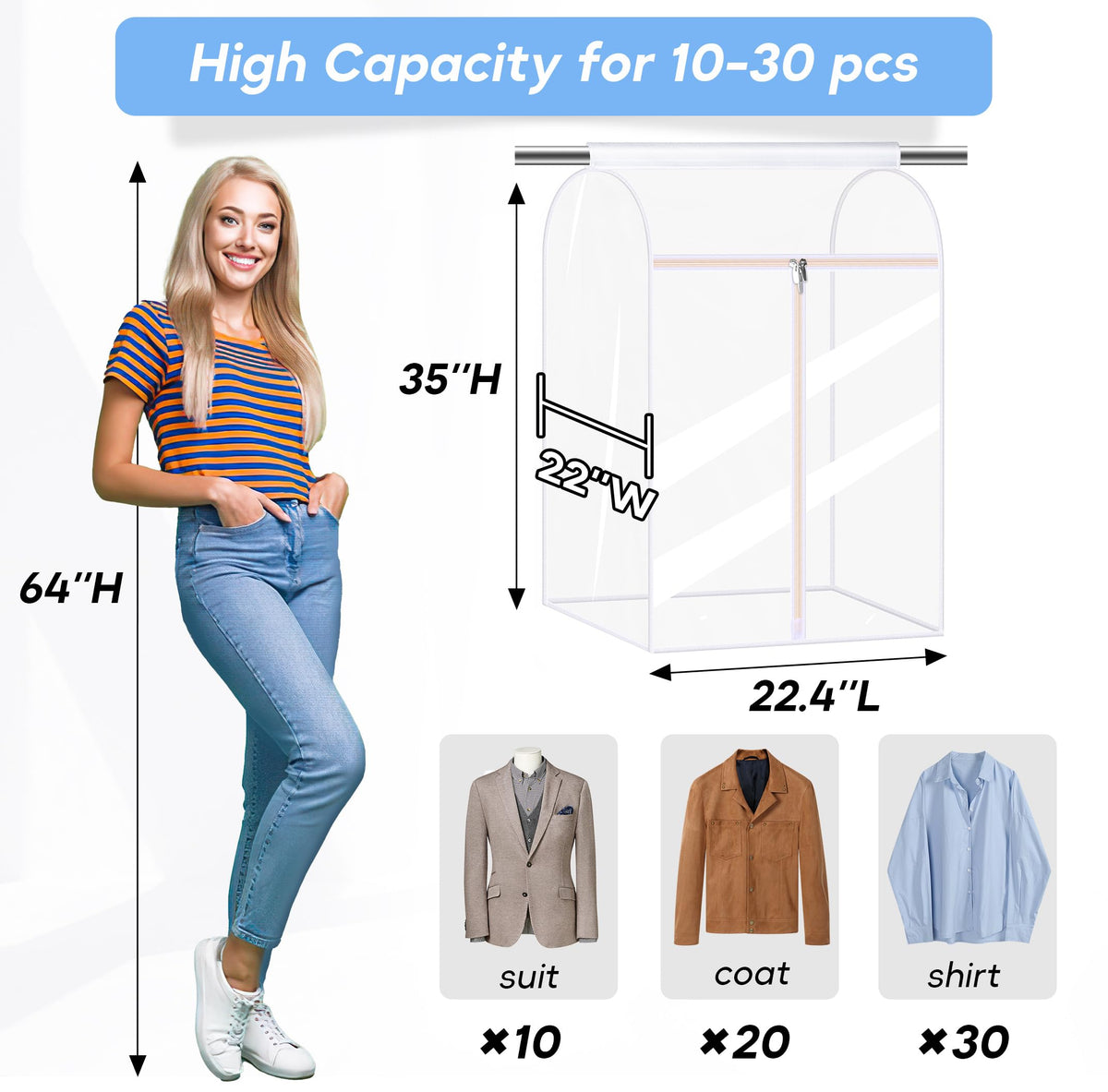 KEETDY Hanging Garment Bags for Closet Storage Large Clear Window Hanging Clothes Storage Garment Rack Cover Coat Protector for Suit, Wardrobe, Bottom Enclosed