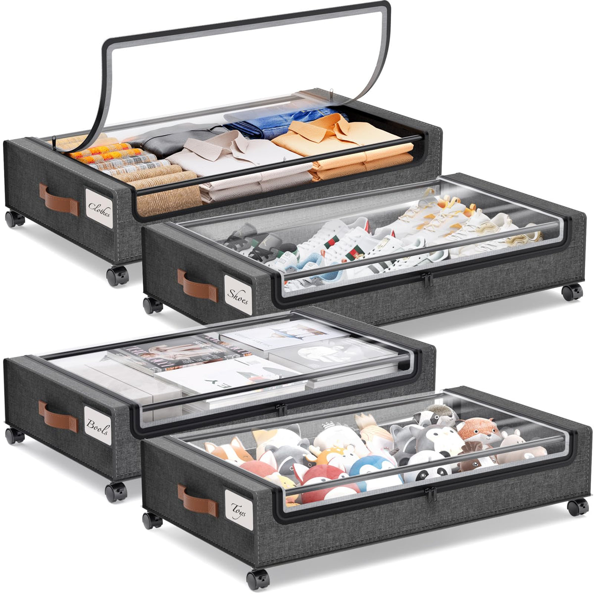 Yecaye Under Bed Storage with Wheels, Large Capacity Under Bed Storage Containers with Metal Frame & Clear Lid, Rolling Underbed Organizer Bins Drawers for Clothes, Shoes, Blankets