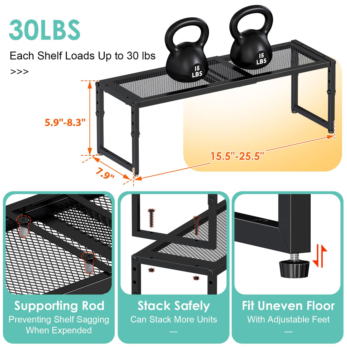 2 Pack Expandable Kitchen Cabinet Shelf Organizer, 15.5"-25.5" Long Adjustable Storage Shelves Organizers for Kitchen Countertop Pantry Cupboard Table Desk Counter, Stackable, 30LBS Load Capacity