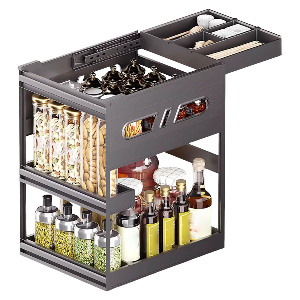 XBTGS 3 Tier Black Pull Out Cabinet Orga with Dividers - MultiUse Slide Out Storage Container for Kitchen, Pantry, Cupboard Bins, Ba，，