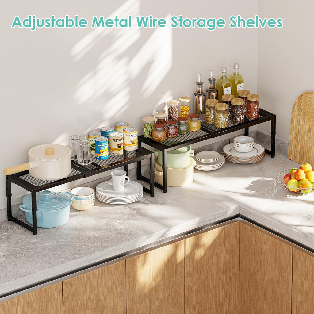 2 Pack Expandable Kitchen Cabinet Shelf Organizer, 15.5"-25.5" Long Adjustable Storage Shelves Organizers for Kitchen Countertop Pantry Cupboard Table Desk Counter, Stackable, 30LBS Load Capacity