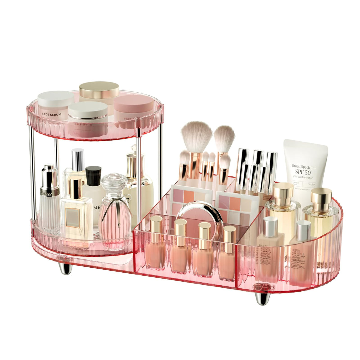 Rotating Vanity Makeup Organizer with Tiered Trays