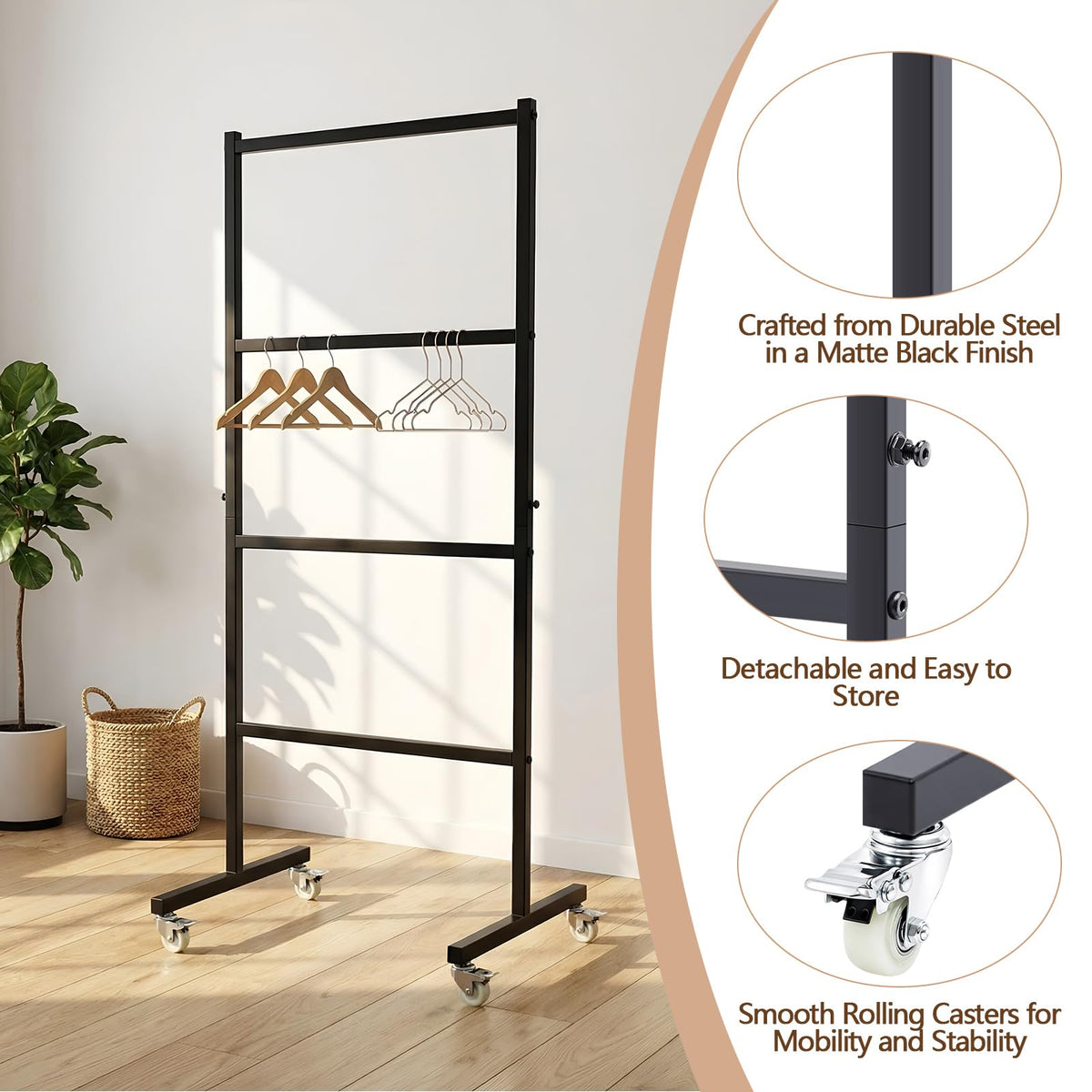 4-Tier Carbon Steel Clothing Rack with Rolling Casters