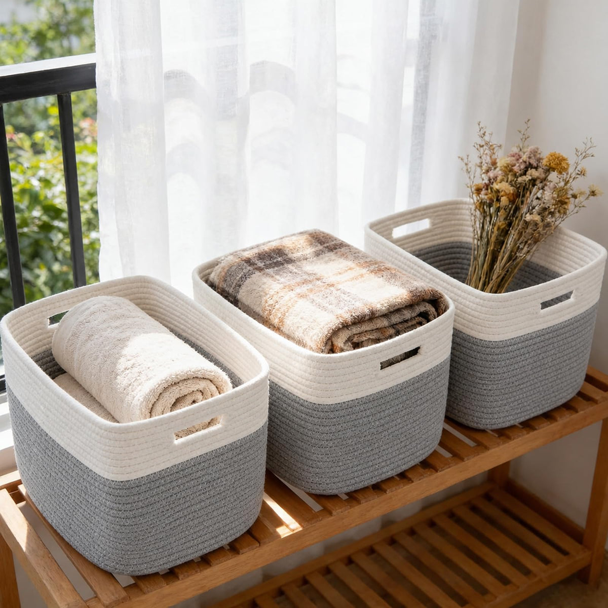 Woven Cotton Rope Storage Baskets with Handles for Shelves