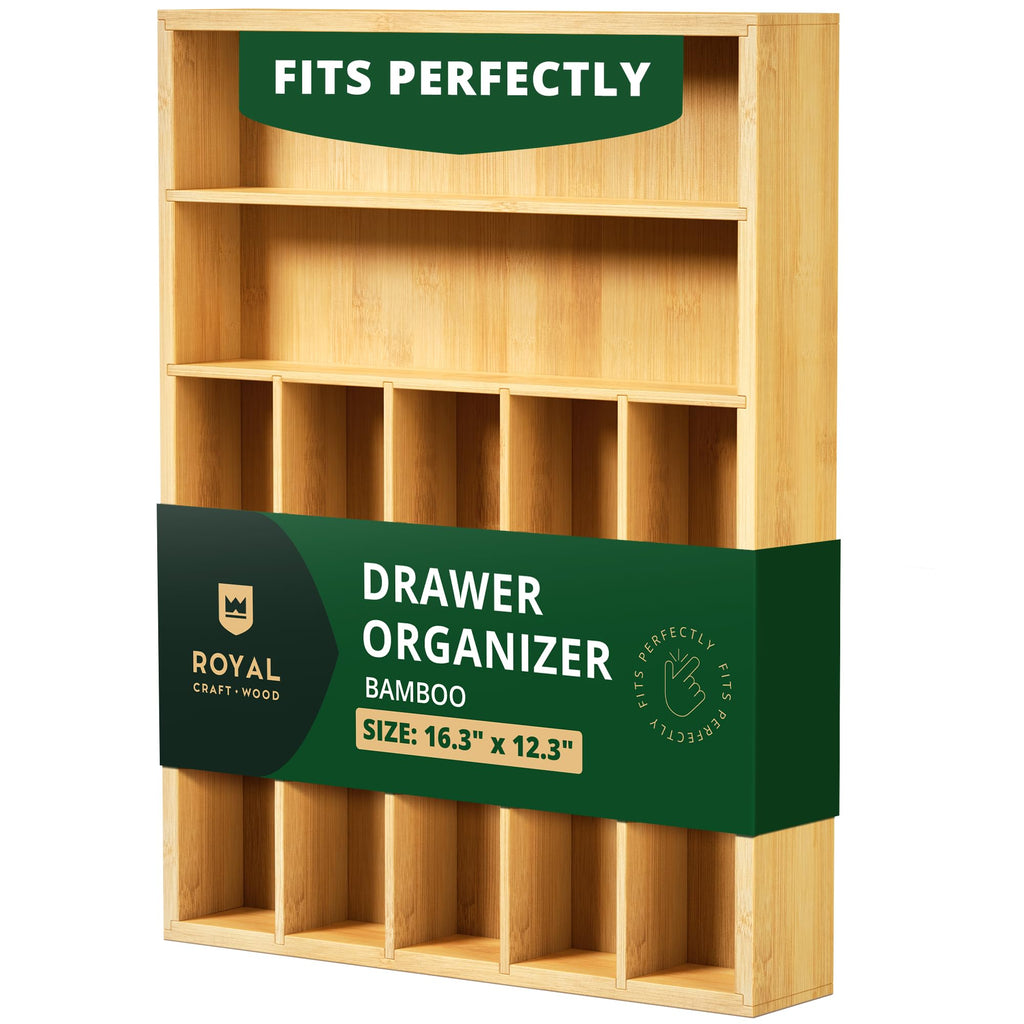 ROYAL CRAFT WOOD Luxury Bamboo Kitchen Drawer Organizer - Silverware Organizer - Utensil Holder and Cutlery Tray with Grooved Drawer Dividers for Flatware and Kitchen Utensils