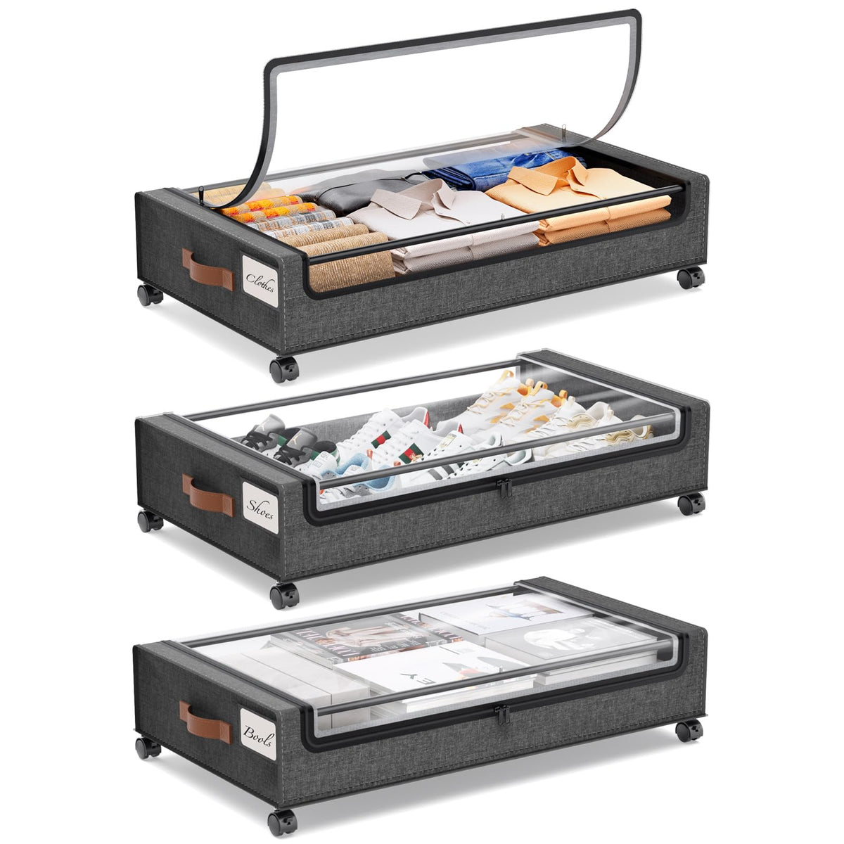 Yecaye Under Bed Storage with Wheels, Large Capacity Under Bed Storage Containers with Metal Frame & Clear Lid, Rolling Underbed Organizer Bins Drawers for Clothes, Shoes, Blankets