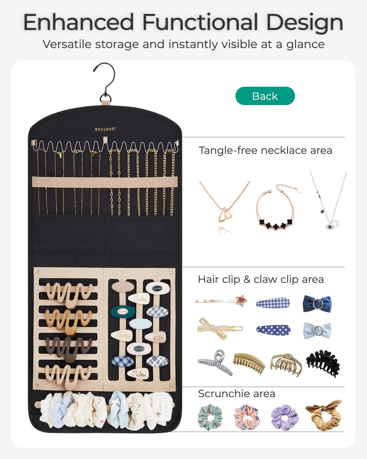BAGSMART Hanging Jewelry Organizer Claw Clip Necklace Holder Roll for Hair Ties, Headbands, Clips, Earrings, Necklaces, Glasses Double-Sided on Closet, Wall, Door, 1 piece, Large-Teal