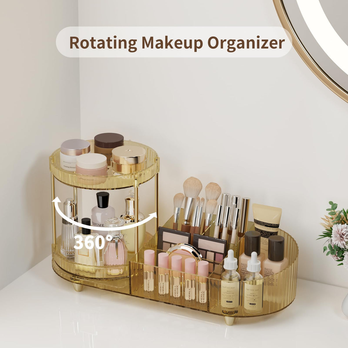 Rotating Vanity Makeup Organizer with Tiered Trays