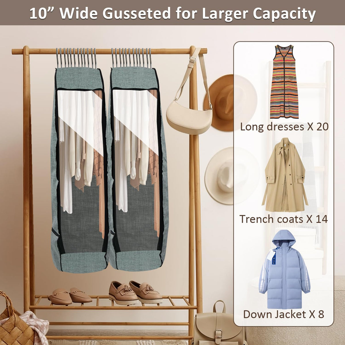 Garment Bags for Hanging Clothes,Chakera Large Breathable Garment Bag for Closet Storage with 10”Gusseted,Clear Clothing Storage Garment Cover for Dress Sweater with Double Zipper,Grey
