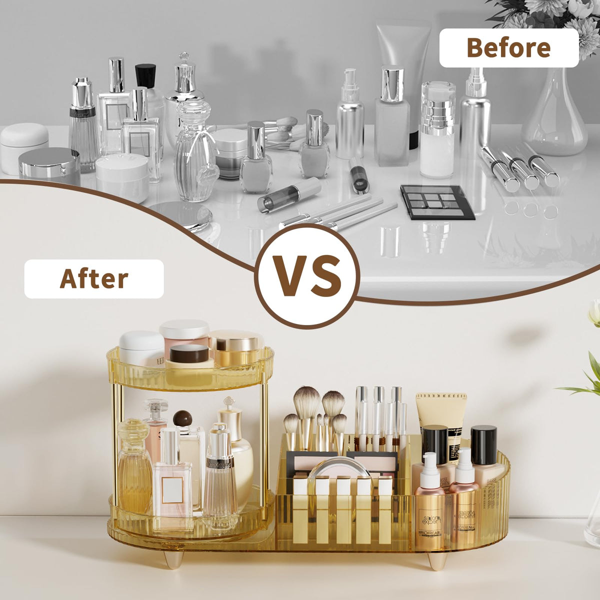 Rotating Vanity Makeup Organizer with Tiered Trays