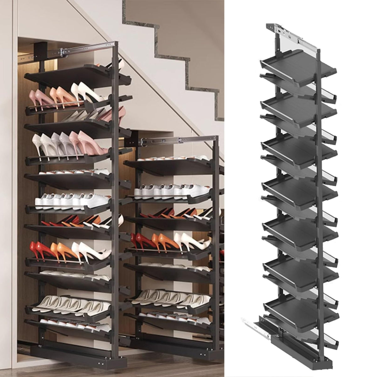 Adjustable Pull-Out Shoe Rack Organizer for Closet – Retractable Metal Stackable Storage Solution, Vertical Shelf Organizer for Small Bedrooms, Space-Saving Design