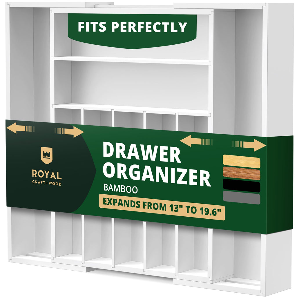 ROYAL CRAFT WOOD Luxury Bamboo Kitchen Drawer Organizer - Silverware Organizer - Utensil Holder and Cutlery Tray with Grooved Drawer Dividers for Flatware and Kitchen Utensils