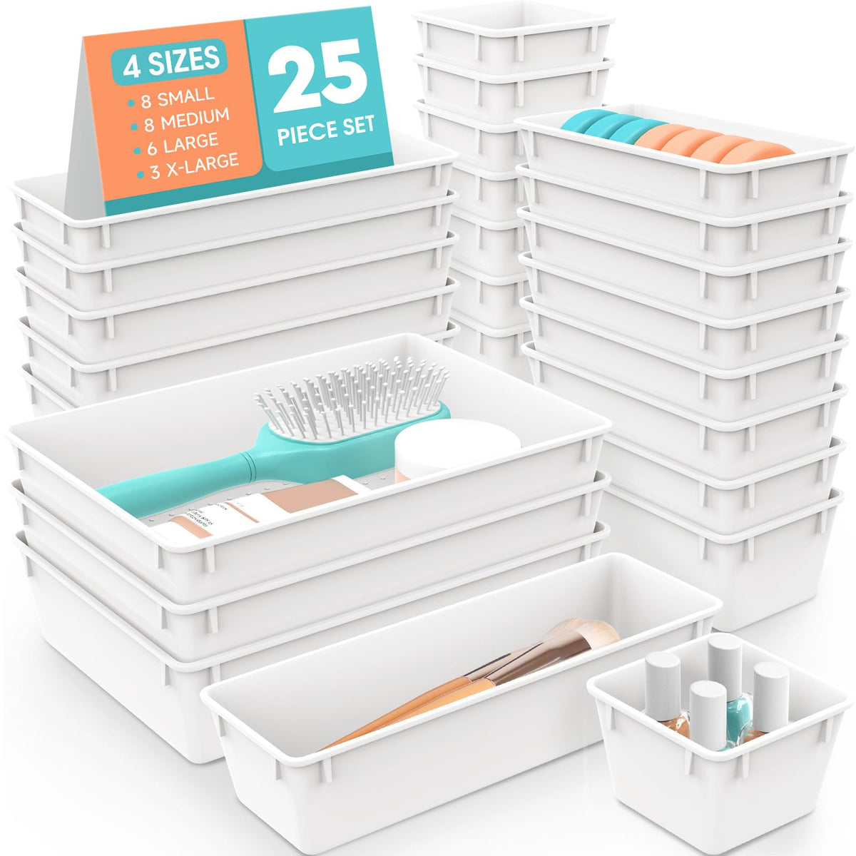 25-Piece Clear Plastic Drawer Organizer Tray Set