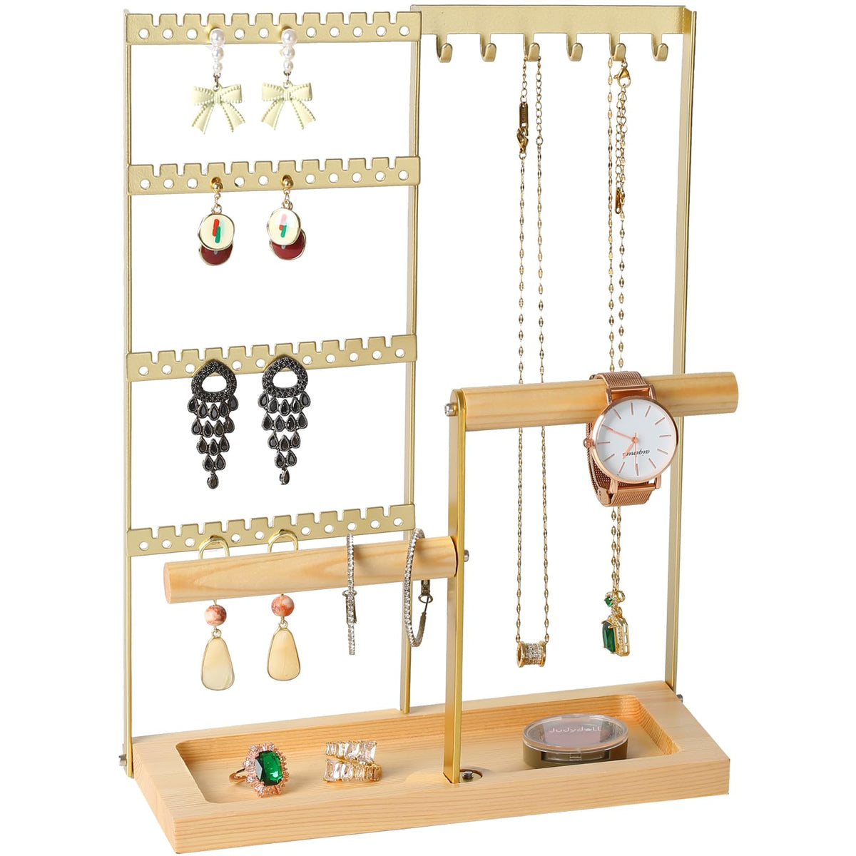 Jewelry Organizer Stand, Jewelry Holder, Lengnoy 4 Tier Earring Holder with 48 Holes and 6 Hooks Necklace Organizer Wood Box for Necklace Bracelet Earring Ring, White