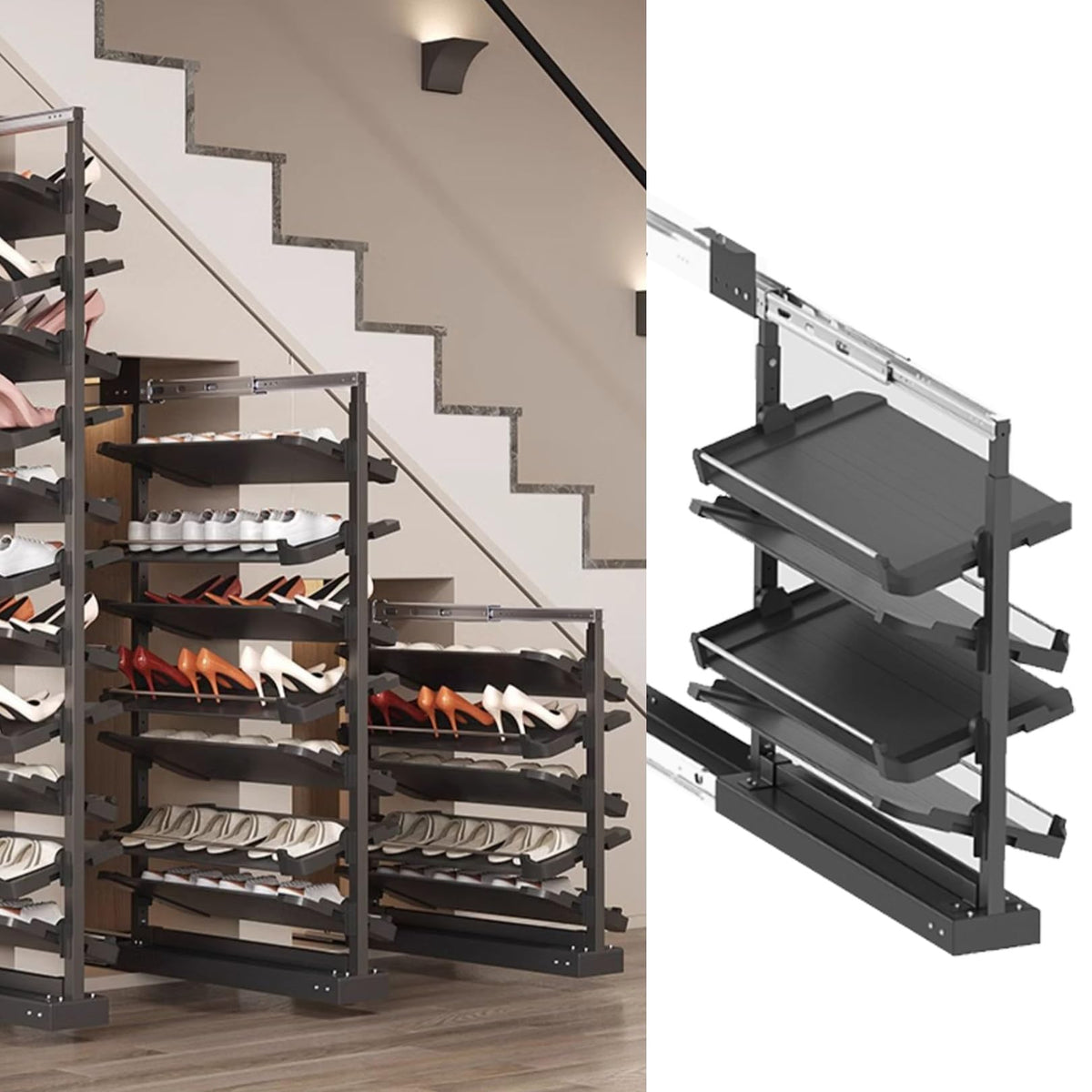 Adjustable Pull-Out Shoe Rack Organizer for Closet – Retractable Metal Stackable Storage Solution, Vertical Shelf Organizer for Small Bedrooms, Space-Saving Design