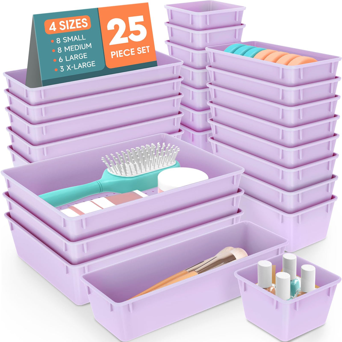 25-Piece Clear Plastic Drawer Organizer Tray Set