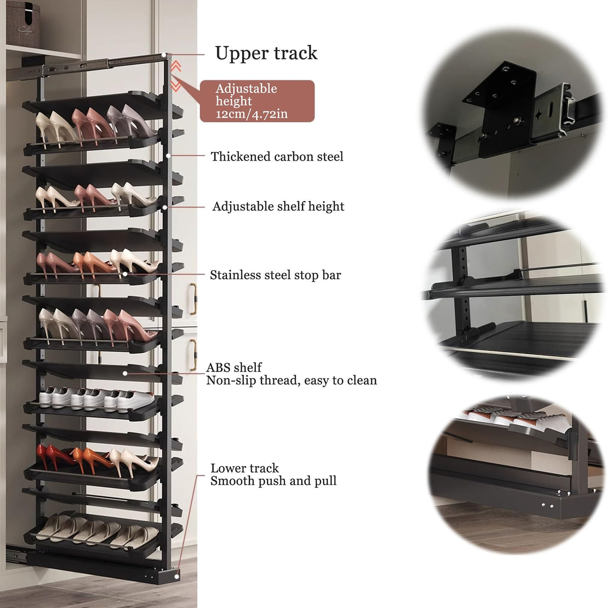 Adjustable Pull-Out Shoe Rack Organizer for Closet – Retractable Metal Stackable Storage Solution, Vertical Shelf Organizer for Small Bedrooms, Space-Saving Design