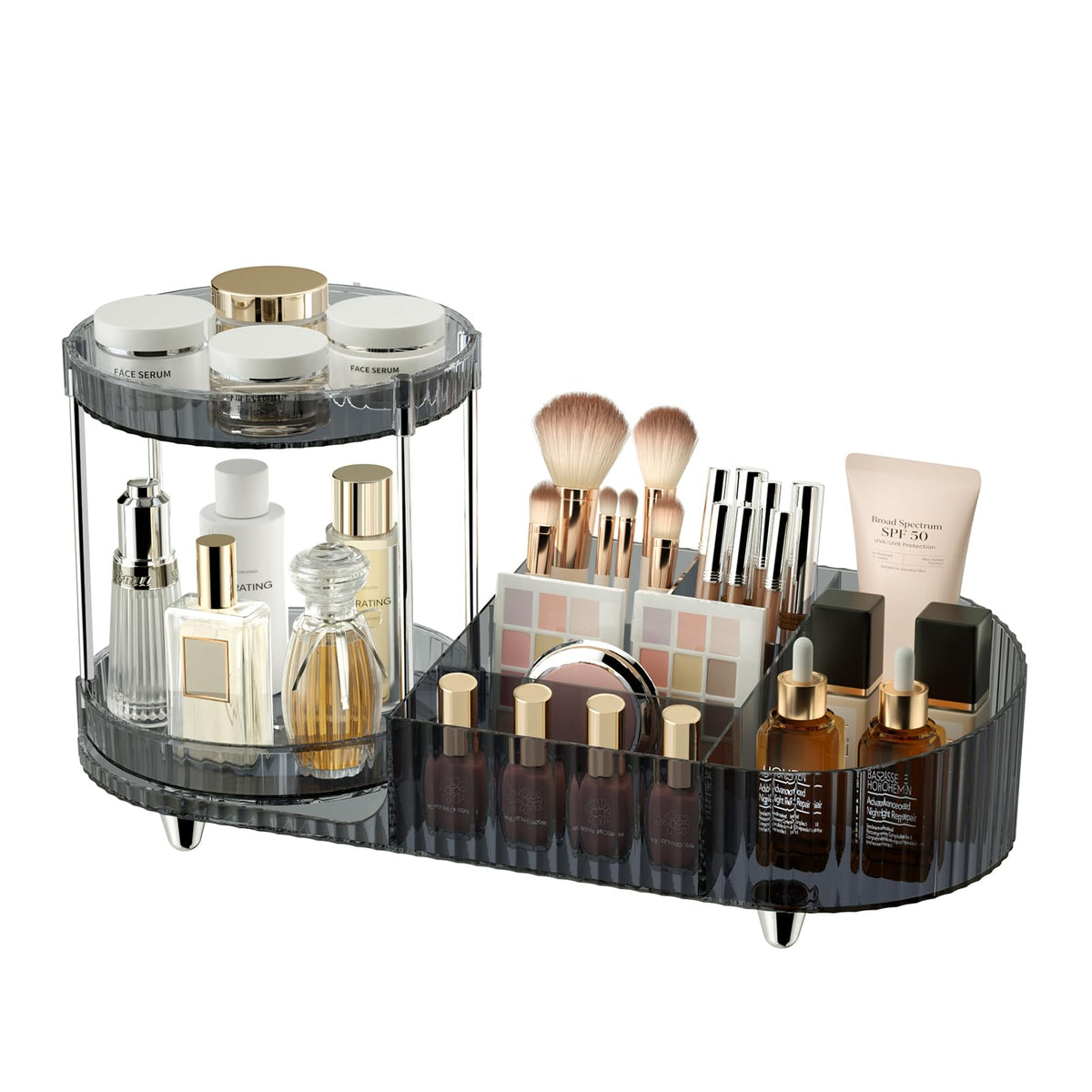 Rotating Vanity Makeup Organizer with Tiered Trays