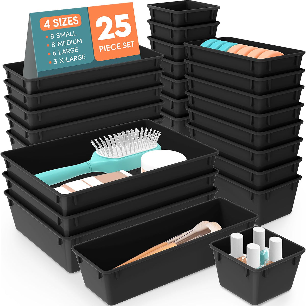25-Piece Clear Plastic Drawer Organizer Tray Set
