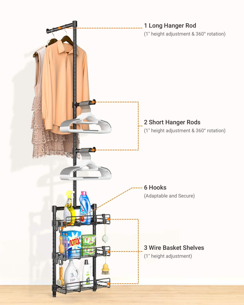 Over-Washer Laundry Shelf with Hanging Rod & Basket