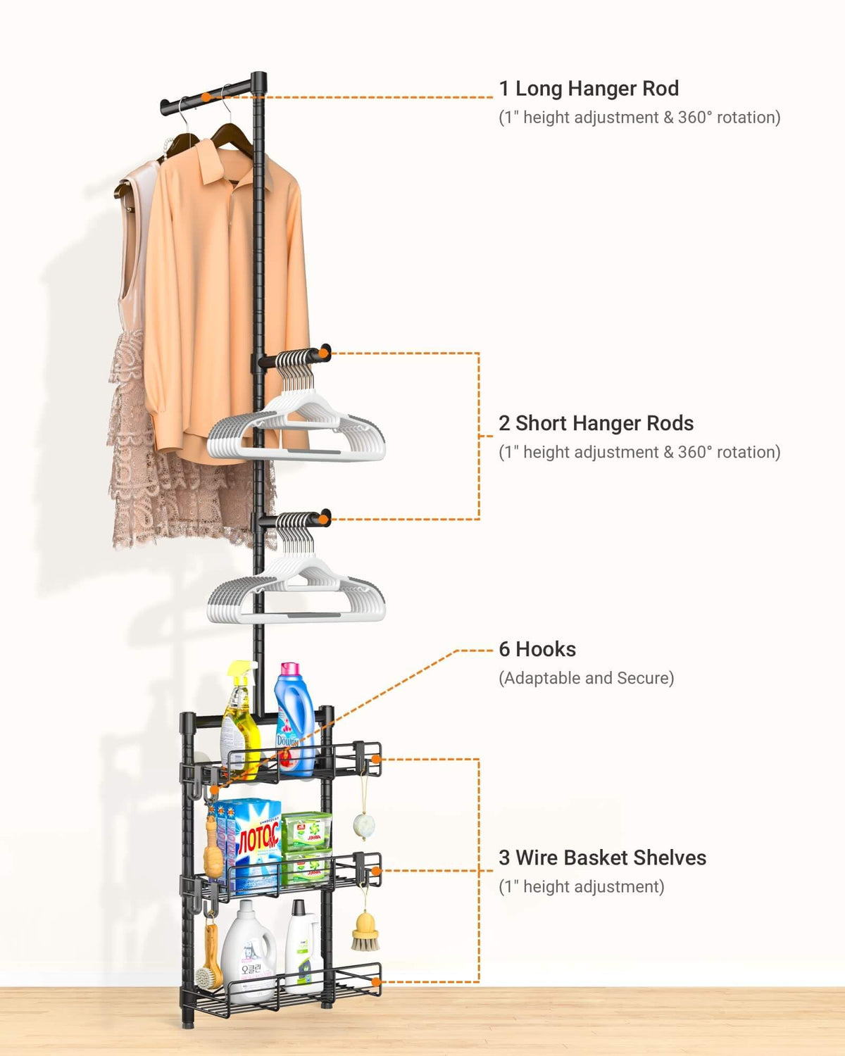 Over-Washer Laundry Shelf with Hanging Rod & Basket