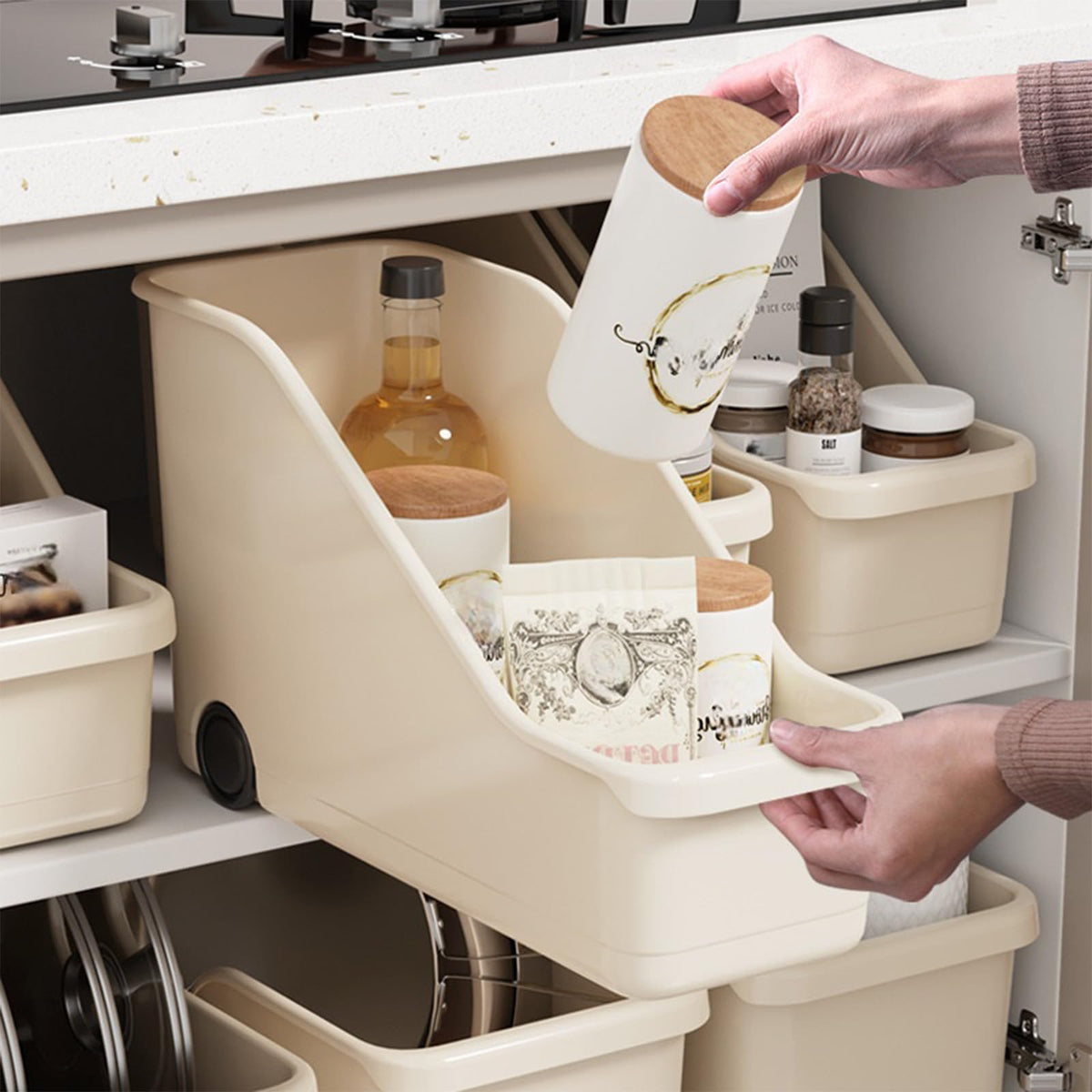 Multi-Use Pull-Out Cabinet Bin with Rolling Wheels Under Sink Storage Basket for Kitchen & Bathroom Perfect for Pantry & High Cabinets (Small Size)