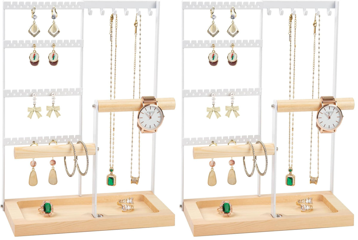 Jewelry Organizer Stand, Jewelry Holder, Lengnoy 4 Tier Earring Holder with 48 Holes and 6 Hooks Necklace Organizer Wood Box for Necklace Bracelet Earring Ring, White