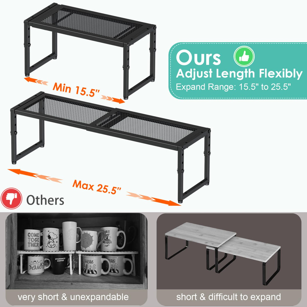 2 Pack Expandable Kitchen Cabinet Shelf Organizer, 15.5"-25.5" Long Adjustable Storage Shelves Organizers for Kitchen Countertop Pantry Cupboard Table Desk Counter, Stackable, 30LBS Load Capacity